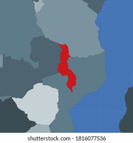 Shape of Malawi in context of neighbor countries. Country highlighted with red color on world map. Malawi map template. Vector illustration.