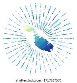 Shape of Malta, polygonal sunburst. Map of the island with colorful star rays. Malta illustration in digital, technology, internet, network style. Vector illustration.