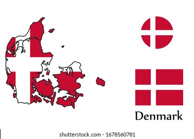 Mapa de formas y bandera de Dinamarca. Eps.file.