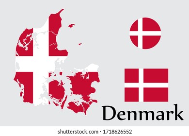 Mapa de formas y bandera de Dinamarca. Eps.file.
