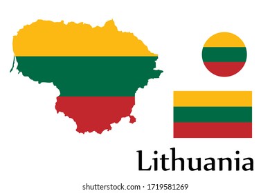 Mapa de formas y bandera del país lituano. Eps.file.