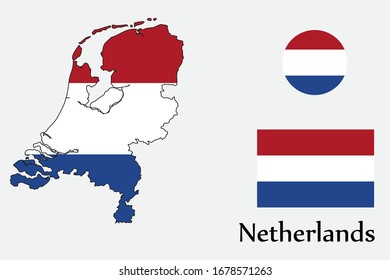 Shape map and flag of Netherlands country. Eps.file.