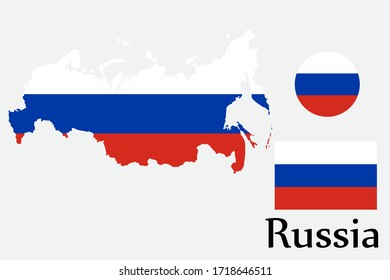 Mapa de formas y bandera del país ruso. Eps.file.