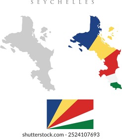 Shape Karte und Flagge von Seychellen Land. EPS  Nationalflagge und Seychellenkarte . Flagge der Seychellen . Vektorgrafik auf weißem Hintergrund. offizielle Farbe der Flagge und Karte der Seychellen
