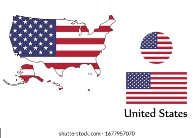 Shape map and flag of United States country. Eps.file.