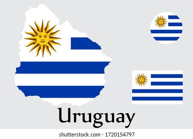 Mapa de formas y bandera del país uruguayo. Eps.file.