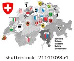 Shape of map of Switzerland in black and white with border of Cantons and colorful coat of arms. Illustration mad January 27th, 2022, Zurich, Switzerland.