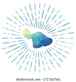 Shape of Maui, polygonal sunburst. Map of the island with colorful star rays. Maui illustration in digital, technology, internet, network style. Vector illustration.