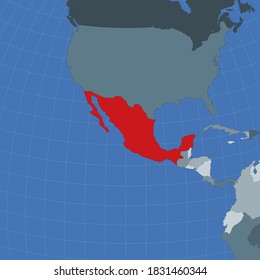 Shape of Mexico in context of neighbor countries. Country highlighted with red color on world map. Mexico map template. Vector illustration.