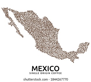 Shape of Mexico map made of scattered coffee beans, country name below