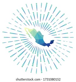 Forma de México, explosión poligonal. Mapa del país con coloridos rayos de estrellas. Ilustración mexicana en digital, tecnología, internet, estilo de red. Ilustración vectorial.