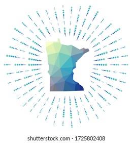 Shape of Minnesota, polygonal sunburst. Map of the us state with colorful star rays. Minnesota illustration in digital, technology, internet, network style. Vector illustration.