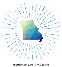 Shape of Missouri, polygonal sunburst. Map of the US state with colorful star rays. Missouri illustration in digital, technology, internet, network style. Vector illustration.
