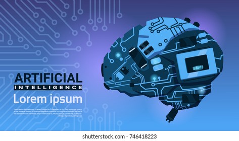 Shape Of Modern Brain Cyborg Mechanism Over Circuit Motherboard Background Banner With Copy Space Artificial Intelligence Concept Vector Illustration