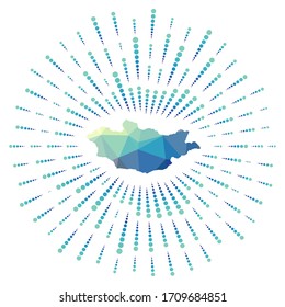 Forma de Mongolia, arrebato poligonal. Mapa del país con coloridos rayos de estrellas. Ilustración de Mongolia en digital, tecnología, internet, estilo de red. Ilustración vectorial.
