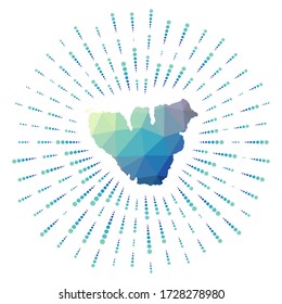 Shape of Moorea, polygonal sunburst. Map of the island with colorful star rays. Moorea illustration in digital, technology, internet, network style. Vector illustration.