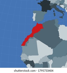 Forma del Marruecos en el contexto de los países vecinos. País resaltado con color rojo en el mapa del mundo. Plantilla de mapa de Marruecos. Ilustración vectorial.