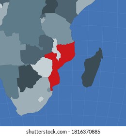 Shape of Mozambique highlighted in red on a world map, showing its location in the context of neighboring countries. Vector illustration.