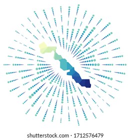Shape of Musha Cay, polygonal sunburst. Map of the island with colorful star rays. Musha Cay illustration in digital, technology, internet, network style. Vector illustration.