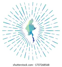 Shape of Myanmar, polygonal sunburst. Map of the country with colorful star rays. Myanmar illustration in digital, technology, internet, network style. Vector illustration.