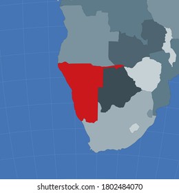 Shape of the Namibia in context of neighbour countries. Country highlighted with red color on world map. Namibia map template. Vector illustration.