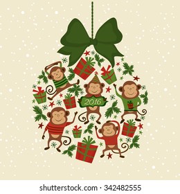 Shape of New year ball with monkeys, present boxes, holly branches. Greeting card template. Vector illustrations.