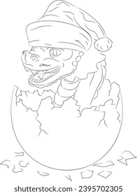 Shape of newborn wooden dragon wearing Santa Claus hat. Vector illustration of a wooden little dragon hatched from an egg in Christmas hat. Baby dragon in an egg with teeth, whiskers, horny scales