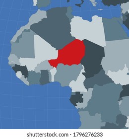 Form des Niger im Kontext der Nachbarländer. Land mit roter Farbe auf der Weltkarte. Niger-Kartenvorlage. Vektorgrafik.