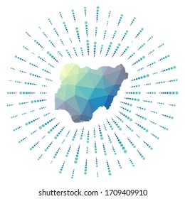 Shape of Nigeria, polygonal sunburst. Map of the country with colorful star rays. Nigeria illustration in digital, technology, internet, network style. Vector illustration.