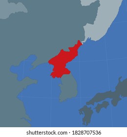 Shape of North Korea in context of neighbor countries. Country highlighted with red color on world map. North Korea map template. Vector illustration.
