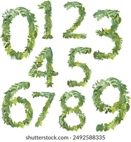 The shape of the number 0,1,2,3,4,5,6,7,8,9 or 1-9 is made of various kinds of leaves, suitable for number template, go green concept	
