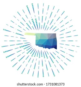 Shape of Oklahoma, polygonal sunburst. Map of the us state with colorful star rays. Oklahoma illustration in digital, technology, internet, network style. Vector illustration.