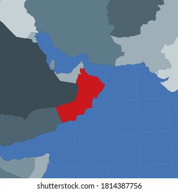 Form des Oman im Kontext der Nachbarländer. Land mit roter Farbe auf der Weltkarte. Oman Map Template. Vektorgrafik.