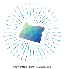 Shape of Oregon, polygonal sunburst. Map of the US state with colorful star rays. Oregon illustration in digital, technology, internet, network style. Vector illustration.