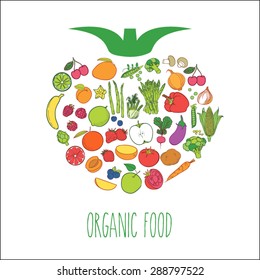 Shape with organic food: vegetables and fruits. Vegetables and fruits vector illustration