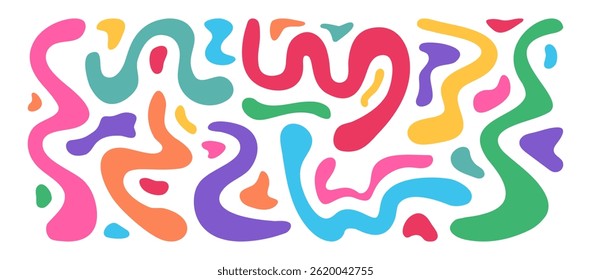 Shape organic, funky line wavy, liquid blob, curve doodle element, abstract bold paint scribble, colorful fluid form, groovy kid bubble isolated on white bg. Fun stripes hand draw. Vector illustration