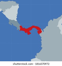Forma de Panamá en el contexto de los países vecinos. País resaltado con color rojo en el mapa del mundo. Plantilla de mapa de Panamá. Ilustración vectorial.