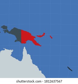 Shape of Papua New Guinea in context of neighbor countries. Country highlighted with red color on world map. Papua New Guinea map template. Vector illustration.