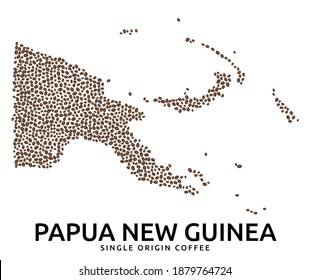 Shape of Papua New Guinea map made of scattered coffee beans, country name below