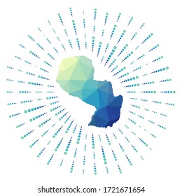 Shape of Paraguay, polygonal sunburst. Map of the country with colorful star rays. Paraguay illustration in digital, technology, internet, network style. Vector illustration.