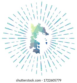 Forma de Patmos, explosión solar poligonal. Mapa de la isla con coloridos rayos de estrellas. Patmos ilustración en digital, tecnología, internet, estilo de red. Ilustración vectorial.