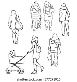 Shape of people with a bag in a jackets, in different poses and situations. Vector graphics. Black isolated on white background. Set