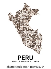 Shape of Peru map made of scattered coffee beans, country name below