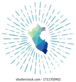 Form von Peru, polygonaler Sonnenbrand. Karte des Landes mit bunten Sternchen. Peru-Illustration in Digital, Technologie, Internet, Netzwerkstil. Vektorillustration.
