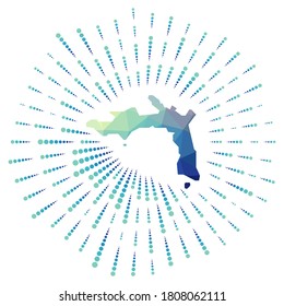 Shape of Peter Island, polygonal sunburst. Map of the island with colorful star rays. Peter illustration in digital, technology, internet, network style. Vector illustration.