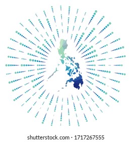 Shape of Philippines, polygonal sunburst. Map of the country with colorful star rays. Philippines illustration in digital, technology, internet, network style. Vector illustration.