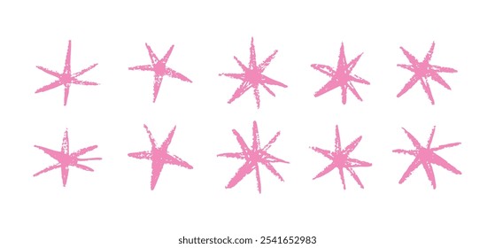 Shape pink hand drawn stars elements, abstract. Graphic pink stars scribble doodles, color collage. Vector illustration