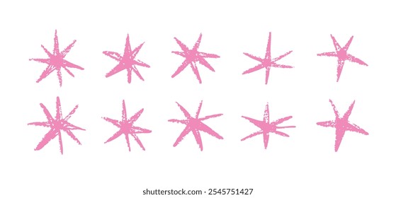 Shape pink hand drawn stars elements, abstract. Graphic pink stars scribble doodles, color collage. Vector illustration