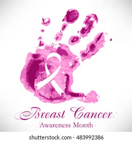 Shape of pink hand with ribbon inside in watercolor style on white background. National Breast Cancer Awareness Month. Vector illustration