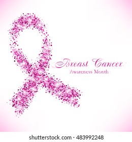 Shape of pink ribbon from shiny glitter on white background. National Breast Cancer Awareness Month. Vector illustration